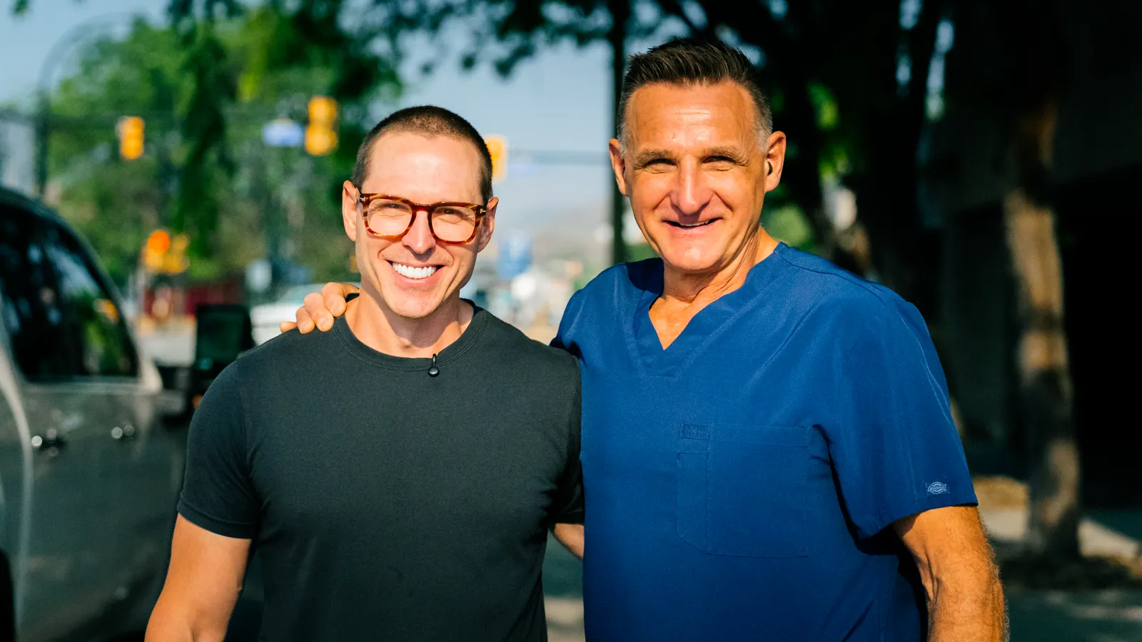 Dr. Michael Webster and Dr. Mark Wasylyk standing together on 32nd Avenue in downtown Vernon