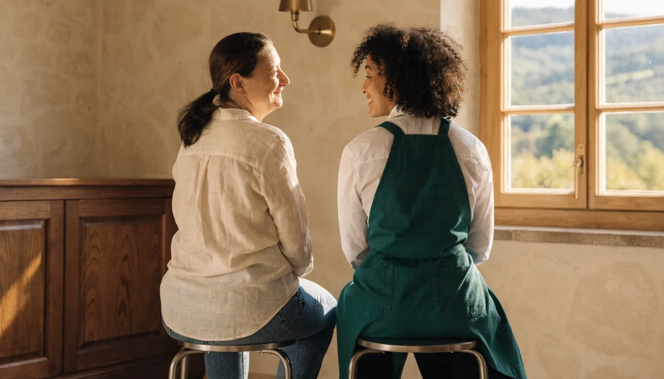 Two people seated side by side on stools by a sunlit window, turning to talk to each other