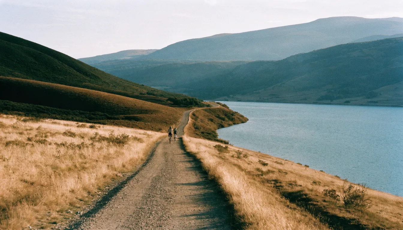Two cyclists riding away down a gravel rail trail between dry golden hills and the lake at golden hour