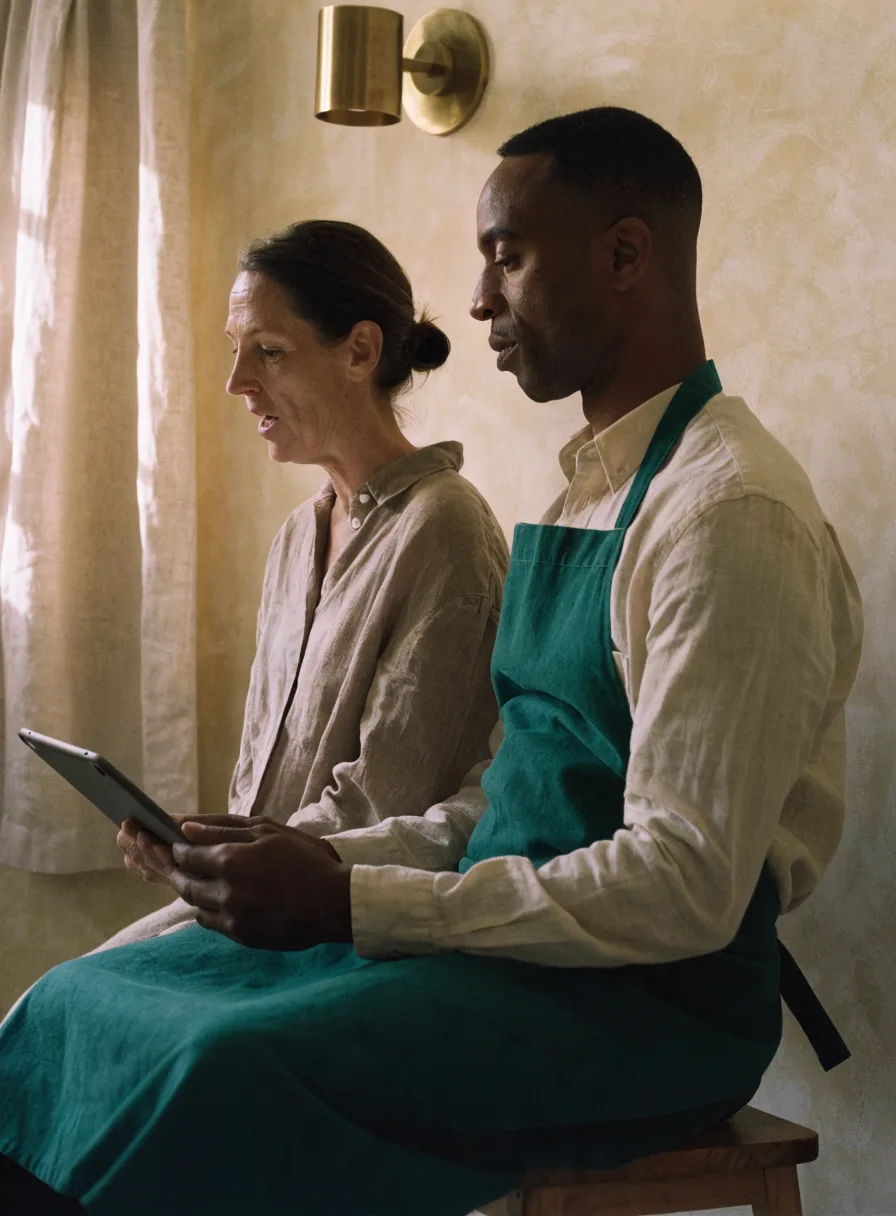A patient and a clinician sitting upright shoulder to shoulder at eye level, sharing the same tablet