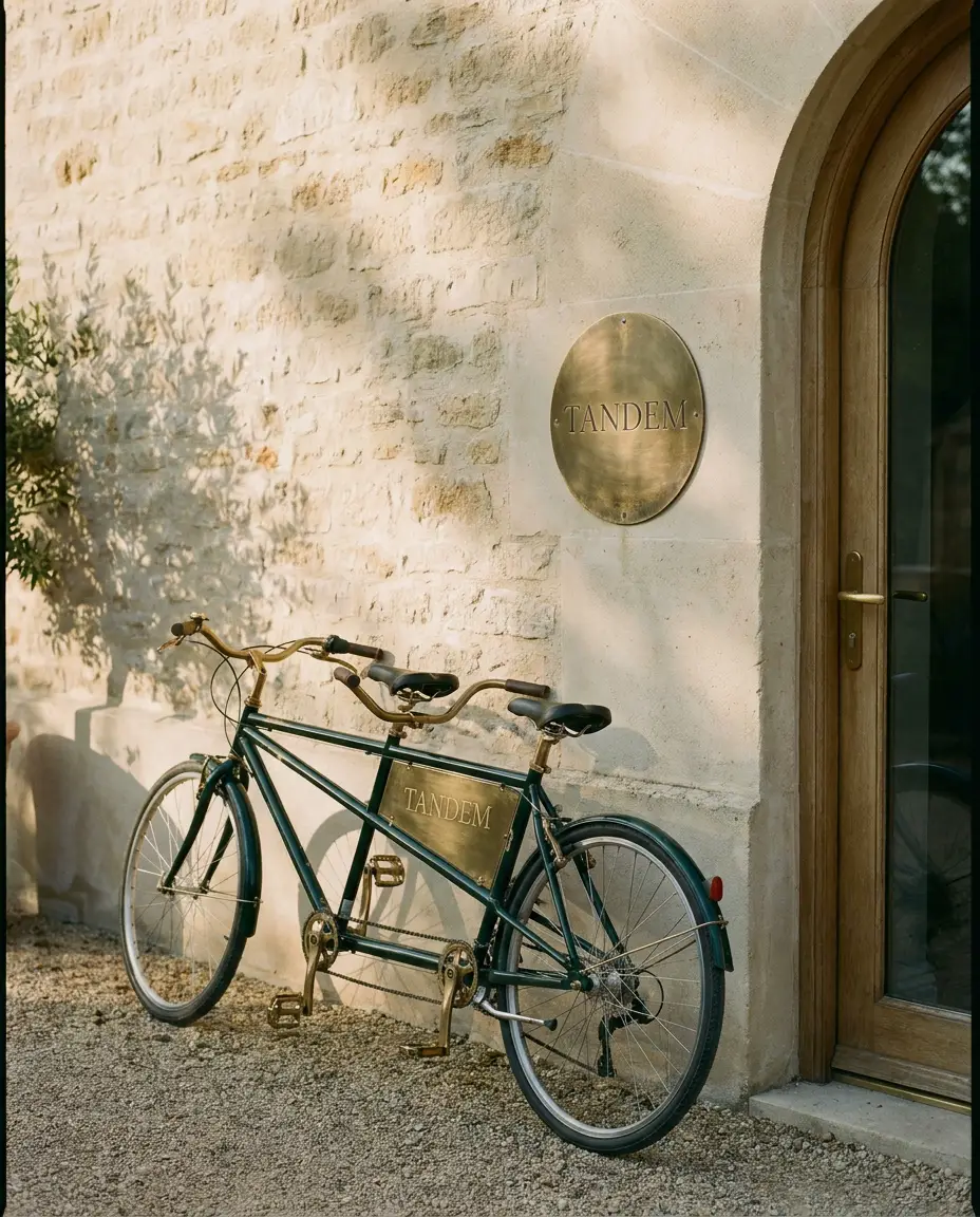 A deep-green tandem bicycle leaning on the studio's warm stone wall beside a brass Tandem plaque